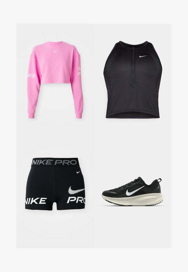 Sweatshirt scurt roz, dintr-un amestec de bumbac, cu mâneci lungi. Logo-ul alb Nike pe piept și text de-a lungul mânecii stângi. Textură netedă.; Top sportiv black, cu croială scurtă, cu fermoar în față, accente din plasă și un design ajustat. Fabricat dintr-un material elastic și respirabil. Logo-ul Nike pe față.; Shorts atletici negri Nike Pro cu logo-uri și text alb Nike pe talie și în față.; Pantofii de alergare negri de la Nike, cu parte superioară din plasă respirabilă, logo-ul alb Swoosh, detalii texturate și o talpă intermediară ZoomX de culoare crem.