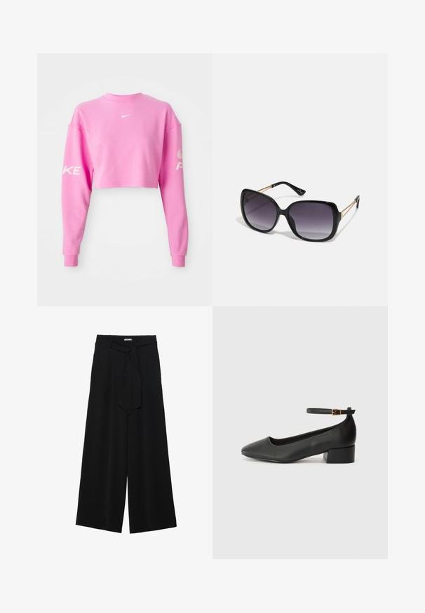 Rózsaszín, pamut keverékből készült cropped pulóver, hosszú ujjakkal. Fehér Nike logó a mellkason és felirat a bal ujján. Simaság jellemzi.; Fekete, bő szárú nadrág, texturált anyagból, rugalmas derékpánttal és levehető sállal a derekán, amely állítható illeszkedést biztosít.; Fekete bőr magassarkú cipő hegyes orral és alacsony tömb sarkal. Bokapánttal rendelkezik, aranyszínű csattal. Simább textúra.; Fekete, oversize napszemüveg fokozatos árnyalatú lencsékkel, vastag kerettel és arany színű lánc díszítéssel a szárakon.; Fekete kézi táska strukturált formával, sima textúrával és fémből készült záródással. Széles fekete nadrággal és nyitott orrú szandállal párosítva, fából készült padlón.