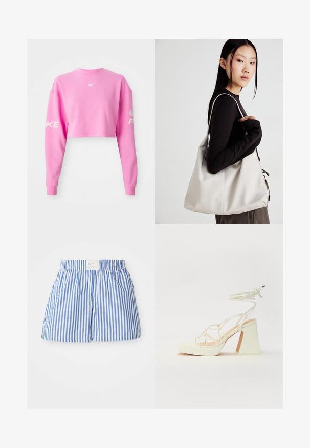 Rozā kroptā džemperis, kas izgatavots no kokvilnas maisījuma, ar garām piedurknēm. Baltais Nike logo uz krūtīm un teksts pa kreiso piedurkni. Gluda tekstūra.; Zili un baltas svītrainas šortus ar elastīgu jostu un birku, uz kuras ir Nike logo. Izgatavoti no viegla auduma ar gludu tekstūru.; Baltas augstpapēžu sandales ar masīvu papēdi, ar siksnu dizainu un potītes saistītiem elementiem. Gluda tekstūra ar platformu priekšpusē, lai nodrošinātu papildu augstumu.; Bežs rokassoma, izgatavota no mīksta materiāla, ar brīvu dizainu, izšūtu apdari un divām plecu siksnām. Piemērota ikdienas lietošanai.