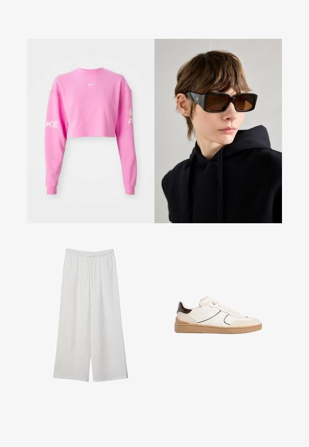 Růžová zkrácená mikina vyrobená z bavlněné směsi, s dlouhými rukávy. Bílá ikona Nike na hrudi a text podél levého rukávu. Hladká textura.; Bílé kalhoty s širokými nohavicemi vyrobené z lehké tkaniny, s elastickým pasem a stahovací šňůrkou pro nastavitelnou velikost. Hladká textura.; Stradivarius Tenisky - white; Černé oversized sluneční brýle s lesklým povrchem, obdélníkovým tvarem, hnědými skleněnými čočkami a zlatým logem na stranách.