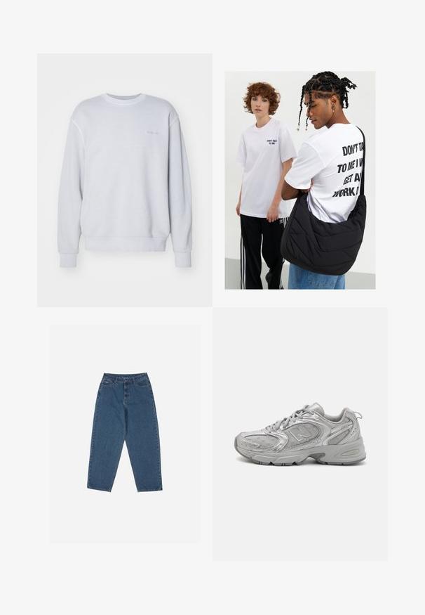 Jasnoszary sweatshirt wykonany z bawełny, z okrągłym dekoltem, ściągaczami przy mankietach oraz małym tonowanym logo na piersi. Miękka tekstura.; Niebieskie dżinsy o luźnym kroju, wysoki stan, pięć kieszeni i akcenty przeszycia. Posiadają zapięcie na guzik i zamek błyskawiczny.; Srebrny but sportowy o eleganckim designie, panelach z siateczki, wyściełanym języku, teksturowanej syntetycznej cholewce oraz gumowej podeszwie dla lepszej przyczepności.; Czarna pikowana torba na ramię o miękkiej fakturze, noszona przez osobę w białej koszulce z grafiką i odważnym tekstem. Casulowy strój z dżinsami.