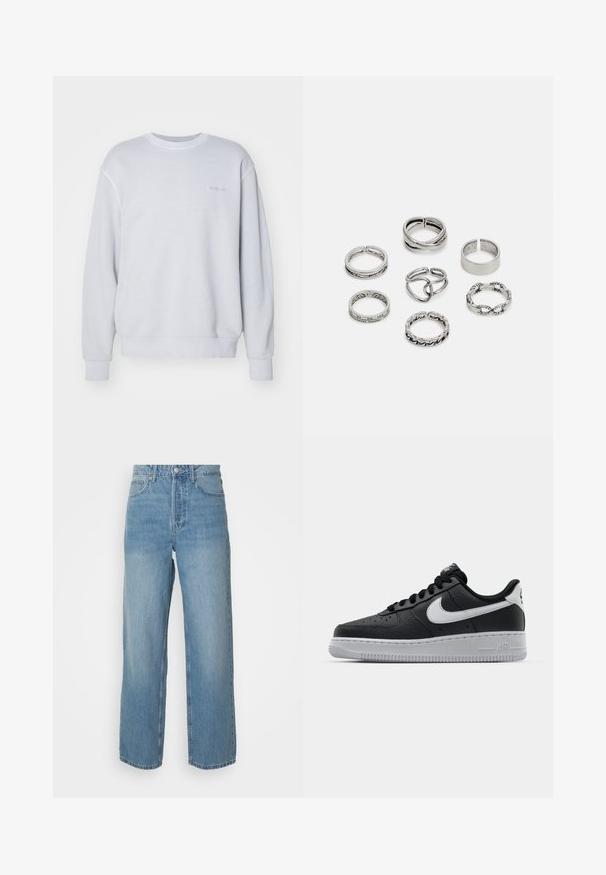 Light gray sweatshirt made of cotton, featuring a crew neckline, ribbed cuffs, and a small tonal logo on the chest. Soft texture.; High-waisted light blue denim jeans with straight legs, front button closure, and five-pocket styling on plain background.; Black leather sneaker with textured surface, white Nike swoosh, gray sole, round toe, and lace-up design. Features perforations on toe box.; Set of seven silver rings featuring various designs, including twisted, linked, and engraved patterns. Different shapes and widths.