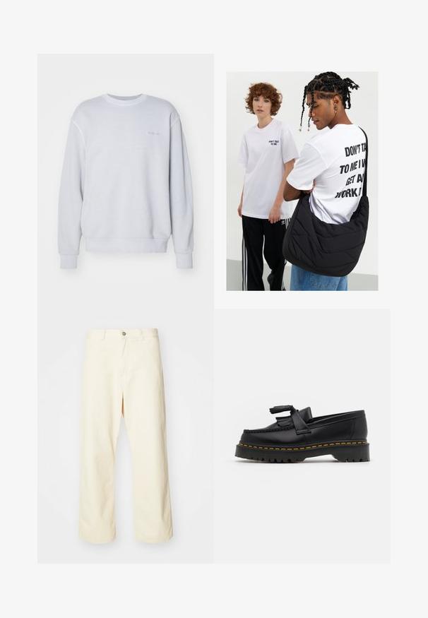 Light gray sweatshirt made of cotton, featuring a crew neckline, ribbed cuffs, and a small tonal logo on the chest. Soft texture.; Cream-colored, wide-leg pants made of cotton with a button closure, belt loops, and stitched hem. Smooth texture, no visible patterns.; Black leather loafer with a tasseled accent, featuring a chunky black sole and yellow stitching along the edge. Textured finish.; Black quilted shoulder bag with a soft texture, worn by a person in a white graphic T-shirt with bold text. Casual outfit with denim.