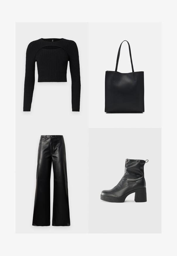 Must värvidega lühike topp pikkade varrukatega, ribatud tekstuuriga ja ainulaadse lõikega rinnaosal. Valmistatud pehmest kudumist.; Mustad talje laiad jalad kunstnahast püksid esipaneeli nööbi ja lukuga, vöödega ja küljetaskutega valge tausta peal.; Mustad mustad ansapüksid, mis on valmistatud siledast nahast, külje zipperiga, paksu tekstuuriga kontsaga ja ümmarguse nina disainiga.; Mustast nahast kott sujuva tekstuuriga, ristkülikukujuline ja kahe pika sangaga. Pole nähtavat riistvara ega kaunistusi.