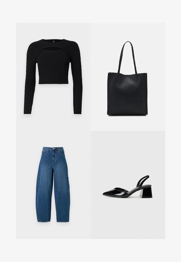 Svart cropped topp med lange ermer, ribbet tekstur og et unikt utskjæringsdesign i brystområdet. Laget av et mykt strikkemateriale.; Denimjeans i en middels blå vask, med høy midje, vide ben og standard fem-roms design med synlige sømdetaljer.; Svarte patentlær slingback hæler med spiss tå og geometrisk blokk hæl. Har et stilrent, minimalistisk design og jevn tekstur.; Svart lær tote bag med glatt tekstur, rektangulær form og to lange håndtak. Ingen synlige deler eller dekorasjoner.
