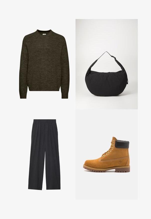 Dark green knitted sweater with a round neckline, long sleeves, and ribbed cuffs. Soft texture with a slightly fuzzy finish.; Wide-leg trousers made of dark gray fabric. Features pleats at the waist, a tailored design, and a straight silhouette.; Tan suede ankle boot with black padded collar, gold metal eyelets, white stitching detailing, and rugged rubber sole with pronounced treads.; Black fabric shoulder bag with a curved shape, featuring a single strap and a zippered closure. Soft texture, minimalist design.