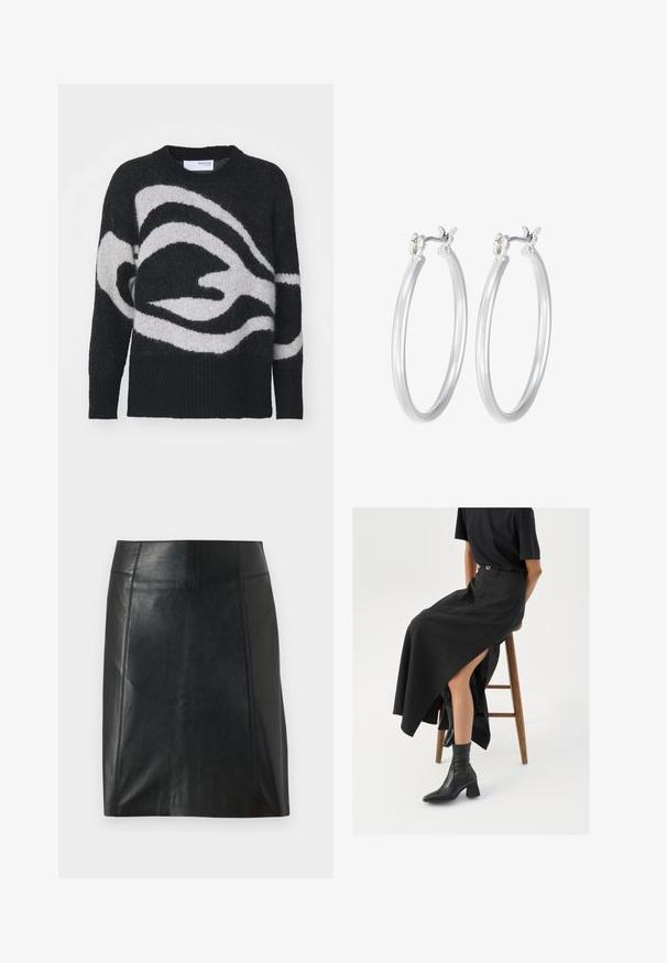 Crni i sivi pleteni pulover sa valovitim uzorkom, okruglim izrezom i rebrastim manžetama za dodatnu teksturu. Mekan i labavi kroj.; Crna kožna suknja s prilagođenim dizajnom. Glatka tekstura, šavovi koji oblikuju siluetu i ravni rub. Minimalistički i elegantan izgled.; Crna lanena maksi suknja s visokom prorezom, nosi se s crnom majicom i crnim gležnjačama. Minimalistički dizajn s opuštenim krojem.; Srebrne kružne naušnice s glatkom, poliranom površinom. Okrugli oblik i sigurno kopčanje na klik. Lagani dizajn pogodan za svakodnevno nošenje.