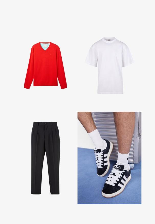 TOM TAILOR MIT V-AUSSCHNITT - Pullover - basic red; T-shirt en coton blanc avec un col rond, des manches courtes et une coupe décontractée. Présente un design uni sans motifs ni accents.; Pantalons noirs avec un design de devant plissé, fabriqués à partir d'un tissu lisse. Comprend une fermeture par bouton et des passants de ceinture ; coupe droite.; Baskets en suede noir avec des lacets blancs et trois rayures blanches. Présente un logo circulaire noir sur la languette et une semelle en caoutchouc beige.