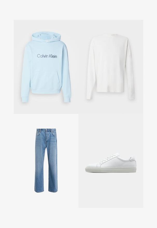 Hellblaues Hoodie aus weichem Material, mit einer Fronttasche und einem auffälligen "Calvin Klein"-Logo in Dunkelblau aufgedruckt.; Langärmliges weißes Baumwollhemd mit rundem Ausschnitt, seitlichen Schlitzen am unteren Rand und glatter Textur, von hinten präsentiert.; Helle blaue Jeans im Geradeschnitt-Design, mit fünf Taschen, Knopfverschluss, minimaler Ausbleichung und kontrastierenden Nähdetails.; Weißer Sneaker mit glattem Lederobermaterial und niedrigem Profil. Verfügt über eine runde Zehenpartie, sechs Ösen und eine strukturierte Gummisohle.