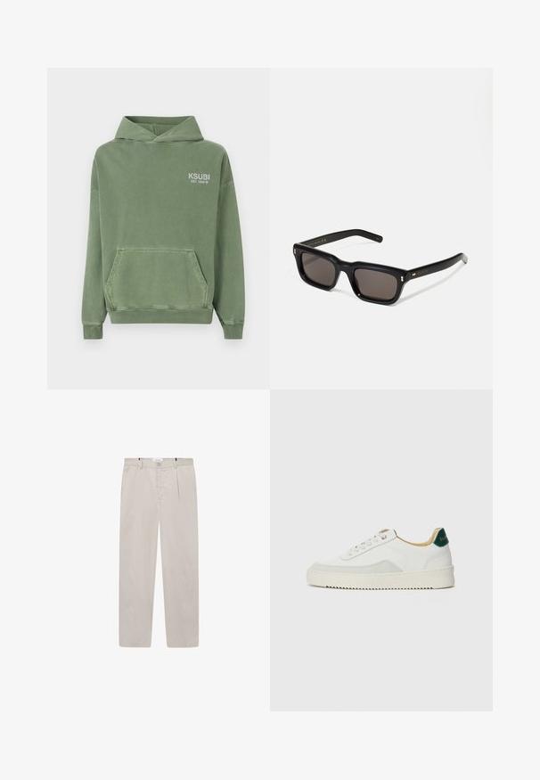 Grüner Kapuzenpullover aus weichem Stoff. Hat eine vordere Kängurutasche und ein weißes "KSUBI EST. 1999"-Logo auf der Brust.; Helle beigefarbene Hose aus weichem Stoff, mit geradem Schnitt, zwei seitlichen Taschen und einem Frontknopfverschluss. Leicht und mit glatter Textur.; Weiße Sneaker mit Wildlederelementen, runder Zehenpartie, flachen Schnürsenkeln und einer cremefarbenen Gummisohle. Mit grünen Markenlogo am Fersenbereich.; Schwarze rechteckige Sonnenbrille mit dunklen Gläsern, dickem Kunststoffrahmen, goldenen Akzenten an den Bügeln und eingraviertem Markenlogo am Arm.