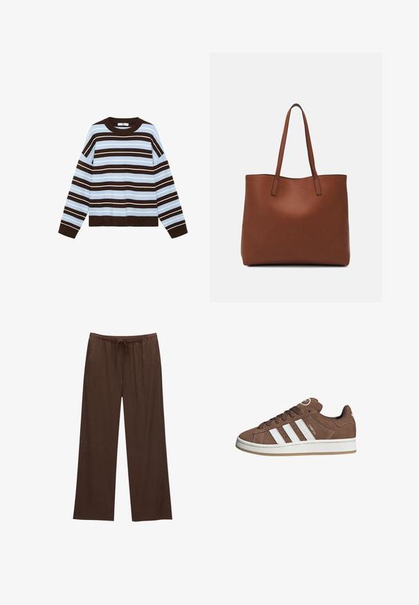 Pull en tricot à manches longues avec des rayures horizontales marron et bleu clair, encolure ronde, et poignets et ourlet côtelés.; Pantalons larges marron en tissu doux, avec une taille élastique et un cordon de serrage, et deux poches latérales.; Baskets en daim marron avec des bandes en cuir blanc, semelle en caoutchouc, bout arrondi et lacets. Comprend un logo sur la languette et des accents perforés.; Sac fourre-tout en cuir marron avec une texture lisse, design à ouverture supérieure et deux poignées pour le porter à l'épaule. Présente des coutures minimales et aucun matériel visible.