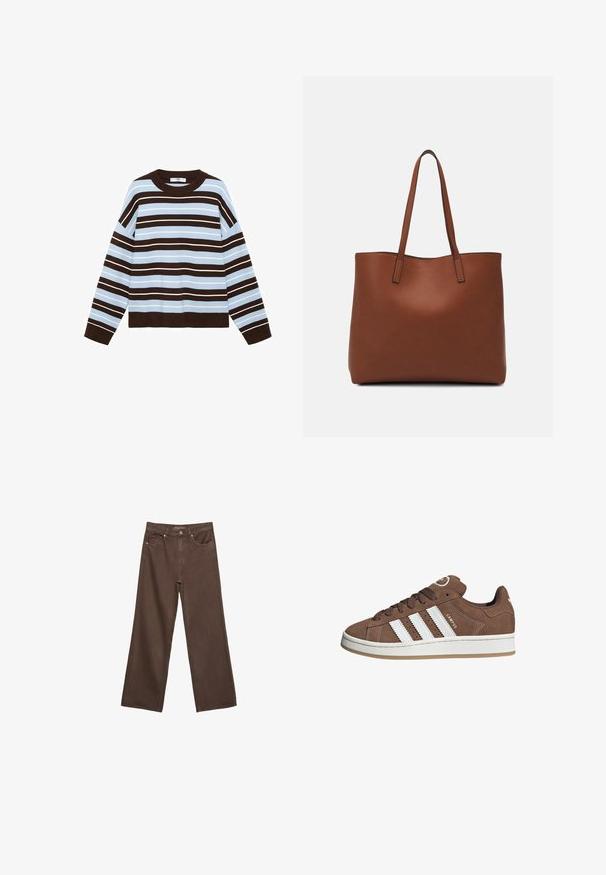 Sweter z długim rękawem, dzianinowy, w poziome brązowe i jasnoniebieskie paski, z okrągłym dekoltem oraz ściągaczami przy mankietach i u dołu.; Szerokie brązowe dżinsy wykonane z denimu, z wysokim stanem, przednimi kieszeniami i klasycznym zapięciem na guzik. Gładka faktura z subtelnym przeszyciem.; Brązowe zamszowe sneakersy z białymi skórzanymi paskami, gumową podeszwą, zaokrąglonym noskiem i sznurowanym przodem. Posiadają logo na języku i perforowane akcenty.; Brązowa skórzana torba tote o gładkiej fakturze, z otwartym wierzchem i dwoma ramiączkami. Charakteryzuje się minimalnym przeszyciem i brakiem widocznych elementów metalowych.