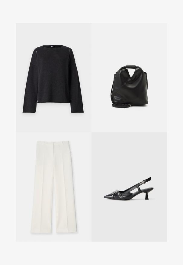 Schwarzer Strickpullover mit rundem Halsausschnitt, langen Ärmeln und lockerer Passform. Mit dezenten Details an den Schulternähten und am Saum.; Weite Hose aus leichtem cremefarbenem Stoff, mit einer glatten Textur, vorderen Falten und zwei Seitentaschen. Maßgeschneiderter Bund.; Schwarzer Leder-Slingback-Schuh mit spitz zulaufender Zehenpartie, dekorativen Riemen mit METALLÖSEN und niedrigem Blockabsatz. Strukturelle Oberfläche.; Schwarze, weiche Ledertasche mit einem einzigartigen verdrehten Design. Hat einen kurzen Griff und einen abnehmbaren Schultergurt. Minimalistischer Stil.