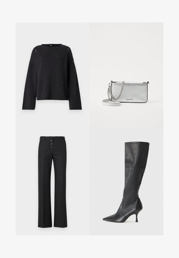 Pulover negru din tricot cu gât rotund, mâneci lungi și o croială lejeră. Prezintă detalii subtile la cusăturile umerilor și la tiv.; The Kooples PANTALON - Pantaloni - black; Botine din piele neagră, până la genunchi, cu vârf ascuțit și toc subțire stiletto. Textură netedă, cu un design ajustat și cusături la marginea superioară.; Geantă de umăr din piele argintie cu finisaj texturat, accente de lanț și curea și închidere cu fermoar. Are un logo pe față.