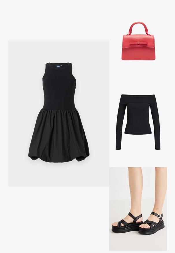 Fekete bordázott, váll nélküli felső hosszú ujjakkal, testhezálló fazonnal, sima textúrával és széles nyakkivágással. Egyszerű és elegáns.; Fekete ruha, ajustált pántos felsőrésszel és bő, fodros szoknyával. Sima textúra, puha anyagból készült, látható minták nélkül.; Fekete platform szandál, keresztezett pántokkal, ezüst hardware-rel és fehér varrással. Vastag talppal és nyitott orral tervezték.; Piros bőrtáska struktúrált dizájnnal, felső fogantyúval és elülső masni díszítéssel. Simább textúra varrott szélekkel.