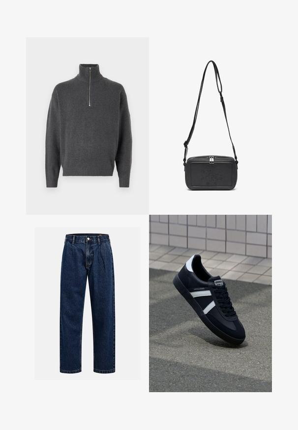Jack & Jones JOROLLIE HALF ZIP - Jersey de punto - iron gate; Jeans de mezclilla azul oscuro con un diseño de pierna recta. Presentan costura visible, cierre de botón y pliegues frontales para un detalle adicional.; Zapatilla de cuero negra con rayas blancas, suela de goma texturizada y parte frontal con cordones. Cuenta con una etiqueta de marca en la lengüeta.; Bolso cruzado de piel negra con cierre de cremallera, logotipo embossing en el frente y correa ajustable. Textura suave con forma rectangular.