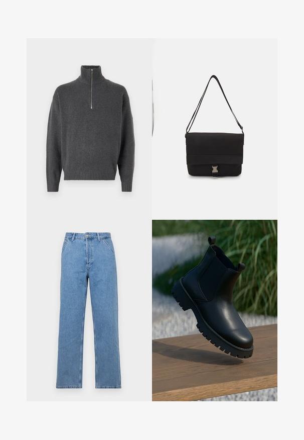Jack & Jones JOROLLIE HALF ZIP - Pullover - iron gate; Jean en denim bleu clair à jambes droites avec un design classique à cinq poches, doté d'une fermeture à bouton à l'avant et de passants de ceinture. Texture lisse.; Bottes en cuir noir à la cheville avec panneaux latéraux élastiques, bout rond et semelle épaisse, exposées sur une surface en bois.; Sac messager noir en matériau lisse, avec un rabat repliable, des fermoirs en métal argenté et une bandoulière réglable.
