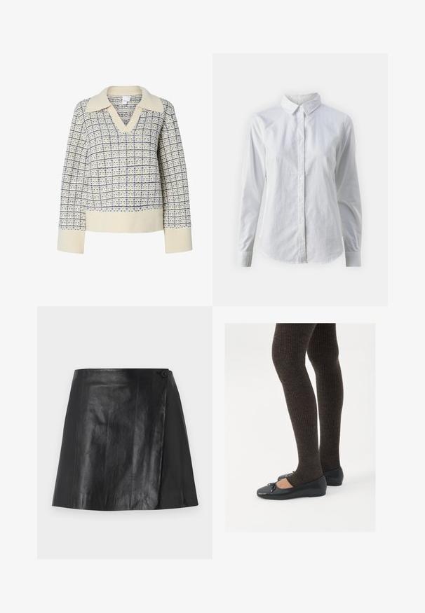 Κρέμα πουλόβερ με V-λαιμόκοψη και φαρδιά γιακά, με μπλε καρώ σχέδιο. Ριχτές μανσέτες και τελείωμα, υφασμάτινη υφή.; Λευκή πουκαμίσα με κουμπιά, φτιαγμένη από λείο βαμβάκι, με κλασικό γιακά, μακριά μανίκια και καμπυλωτό στρίφωμα. Τα κουμπιά είναι μικρά και λευκά.; Μαύρη ψεύτικη δερμάτινη μίνι φούστα με λεπτομέρεια περιτυλίγματος, ασφαλισμένη με κουμπί στη δεξιά πλευρά, λεία υφή και ελαφριά γυαλάδα.; Μαύρες επίπεδες γυναικείες παπουτσάκια με μια μικρή λεπτομέρεια φιόγκο στην μύτη, συνδυασμένες με σκούρες καφέ ριγέ καλσόν. Τα παπούτσια έχουν λεία υφή και χαμηλό προφίλ.