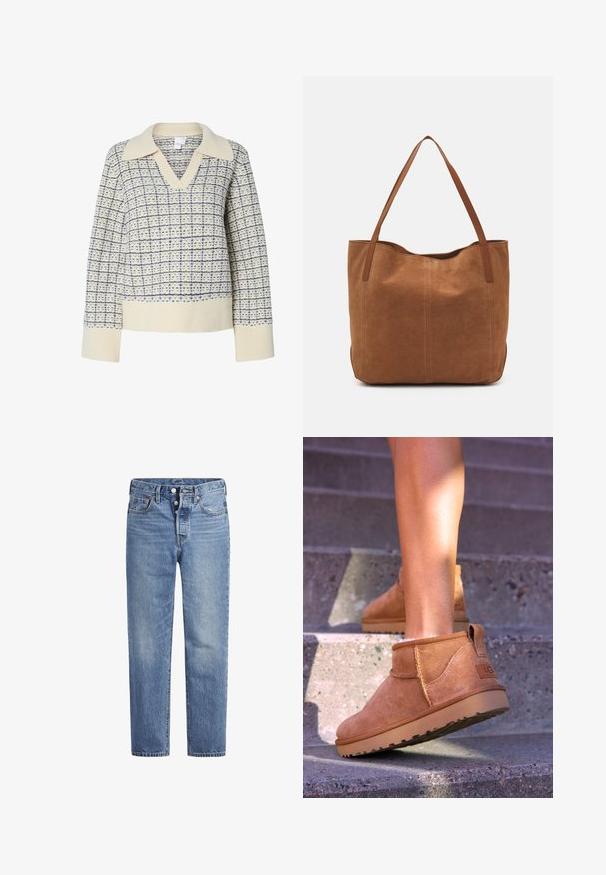Kremasti pulover s V izrezom i širokim ovratnikom, s plavim kockastim uzorkom. Rebrasti manžeti i rub, teksturirana tkanina.; Svijetloplave traperice ravnog kroja, s pet džepova i dugmetom za zatvaranje. Imaju suptilno izbljeđivanje i akcentirane narančaste šavove.; Smešane čizme od tan velura s mekim tekstilom, sa šavnim detaljima i gumenim đonom, te petom s petljom za lako obuvanje.; Smeđi nubuk torba s dugim ručkama, s glatkom teksturom, jednostavnim dizajnom i bez vidljivih metalnih dijelova ili akcenata.