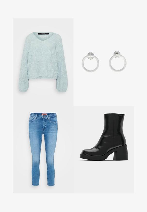Světle modrý pletený svetr s výstřihem do V, dlouhými balónovými rukávy a texturovaným povrchem. Zkrácená délka s volným střihem.; Tři dlouhé rukávy topy ve zkrácené délce naskládány na sobě, barvy bílá, béžová a tlumená modrozelená, s kulatými výstřihy na světle šedém pozadí.; Svetle modré skinny džíny z denimu s středně vysokým pasem, designem s pěti kapsami a roztrhaným lemem na kotnících. Značková etiketa viditelná na pase.; Černé kotníkové boty s lesklým povrchem, čtveratou špičkou a silným blokovým podpatkem. Design se vyznačuje bezproblémovým siluetu a minimálním brandingem.; Stříbrné kovové kruhové náušnice s broušenou texturní úpravou, s kulatým designem a průhledným záznamem pro bezpečné nošení.