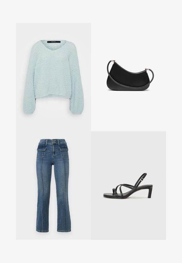 Jasnoniebieski sweter dzianinowy z dekoltem w kształcie litery V, długimi rękawami balonowymi i teksturowanym wykończeniem. Krótszy fason z luźnym krojem.; ONLY Petite ONLWAUW niebieski denim; Czarne sandały na obcasie z prostokątnym noskiem i niskim słupkowym obcasem. Posiadają wiele cienkich pasków i regulowany pasek na kostkę. Wykonane z gładkiej skóry.; Czarna skórzana torba na ramię o zaokrąglonym designie, z teksturowanym paskiem i złotymi akcentami przy górnym zapięciu. Gładkie wykończenie.