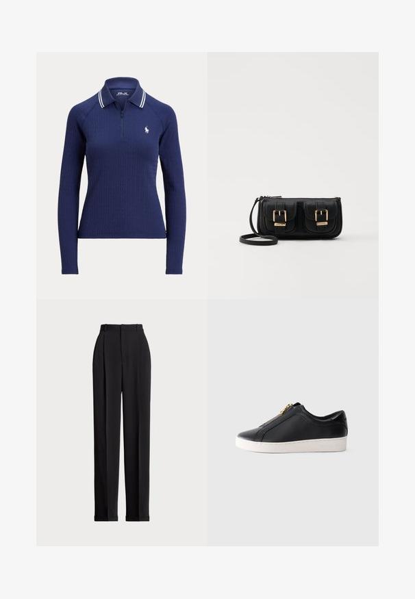 Sötétkék, hosszú ujjú polo póló cipzáras gallérral, textúrált kábel kötésű mintával és kis fehér logóval a mellen.; Fekete, testre szabott nadrág magas derékkal, elöl redőkkel, egyenes láblineáris kialakítással és halkézével. Sima anyagból készült.; Fekete, alacsony bőr tornacipő fehér talppal és arany cipzárral, oldalsó nézet, minimalista stílusú, egyszerű háttéren.; Fekete bőr keresztbody táska két elülső zsebbel, arany csattokkal, cipzáras záródással és vékony pánttal. Textúrált felület és kompakt téglalap alak.