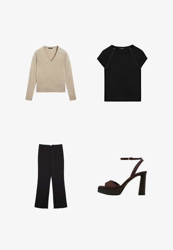 Beige V-Ausschnitt-Pullover mit langen Ärmeln, aus weichem Material gefertigt. Verfügt über ein cropped Design und eine glatte Textur, geeignet zum Layering.; Schwarzes Kurzarmoberteil mit rundem Halsausschnitt und kontrastierendem weißen Nähten an den Schultern und Seiten. Weicher, glatter Stoff.; Schwarze Hose mit geradem Schnitt, ausgestattet mit Fronttaschen und Seitenschlitzen am Saum. Hergestellt aus weichem, glattem Stoff. Geeignet für verschiedene Anlässe.; Braune Wildleder-Pumps mit offenem Zeh, verstellbarem Knöchelriemen und gestreiftem Plateausohlen.