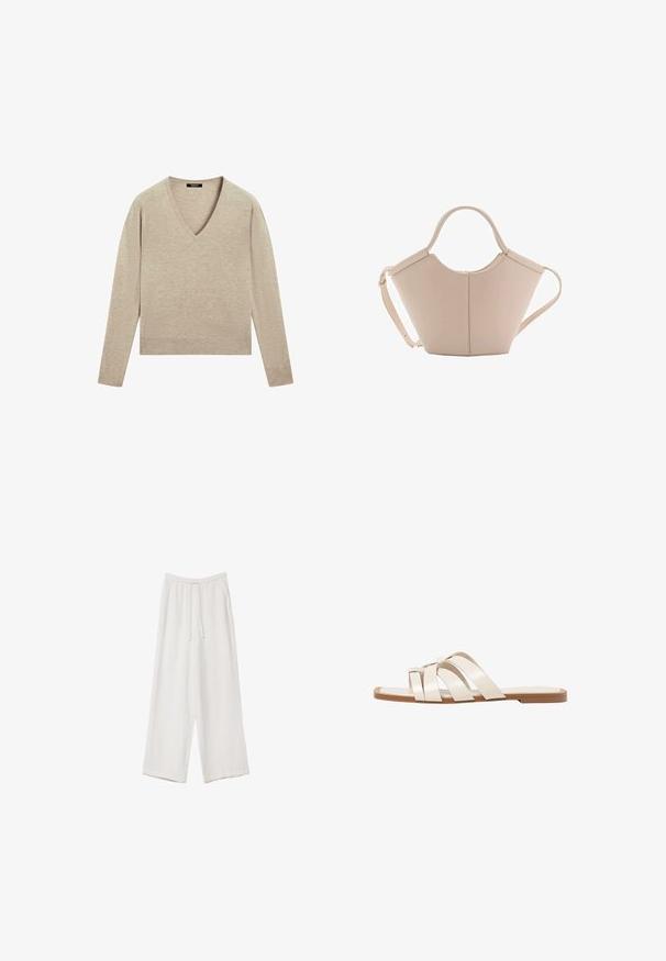Beige V-Ausschnitt-Pullover mit langen Ärmeln, aus weichem Material gefertigt. Verfügt über ein cropped Design und eine glatte Textur, geeignet zum Layering.; Weiße weit geschnittene Hose aus leichtem Stoff. Mit einem elastischen Bund und Kordelzug sowie Seitentaschen. Glatte Textur.; Flache Sandalen mit einer honigfarbenen Gummisohle, gestaltet mit drei überlappenden weißen Lederriemen und einem kleinen Schleifendetail in der Mitte.; Beige Lederhandtasche mit einer einzigartigen Form, die zwei kurze Henkel und einen langen verstellbaren Riemen aufweist. Glatte Textur mit minimalen Hardware-Elementen.