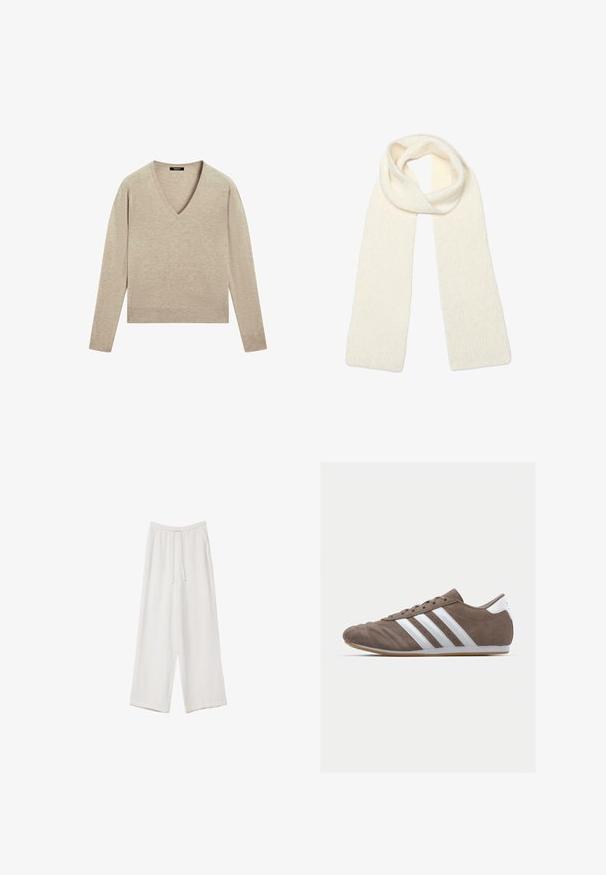 Maglione beige a scollatura a V con maniche lunghe, realizzato in materiale morbido. Presenta un design cropped e una texture liscia, ideale per essere indossato a strati.; Pantaloni a gamba larga bianchi realizzati in un tessuto leggero. Presentano una vita elastica con cordoncino e tasche laterali. Texture liscia.; Scarpa sportiva in suede marrone con strisce bianche, punta tonda, design con lacci e suola in gomma. Parte superiore testurizzata con dettagli cuciti.; Sciarpa morbida di lana color crema, piegata leggermente in cima con entrambe le estremità che pendono dritto verso il basso.