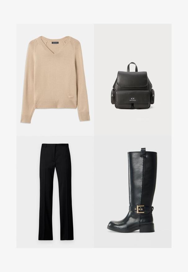 Suéter beige de punto con escote en V, puños y dobladillo acanalados, que presenta una pequeña etiqueta en la parte inferior izquierda. Textura suave. Diseño ligero.; Pantalones negros de pierna recta en tejido liso, con una parte frontal plana, pasadores para cinturón y sin bolsillos visibles ni adornos.; Botas de cuero negras hasta la rodilla con un bajo tacón de bloque, correa decorativa con hebilla dorada alrededor del tobillo y una tira en la parte superior.; Mochila de cuero negro con cierre de solapa, bolsillo frontal, compartimentos laterales con cremallera y asa superior. Presenta un detalle de logo en la parte frontal.