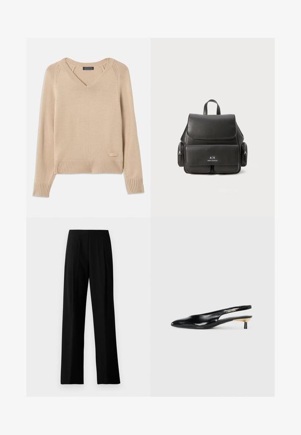 Maglione lavorato a maglia beige con scollo a V, polsini e orlo a coste, caratterizzato da un piccolo etichetta sul lato sinistro in basso. Tessuto liscio. Design leggero.; Pantaloni neri a gamba larga realizzati in tessuto liscio, con una vita piatta e pieghe frontali per un aspetto curato. Senza hardware o motivi visibili.; Pump slingback neri con punta affusolata, finitura in pelle lucida e tacco piccolo con accento dorato. Design elegante con schienale aperto.; Zaino in pelle nera con chiusura a pattina, tasca frontale, scomparti laterali con cerniera e manico superiore. Presenta dettagli con logo sul fronte.