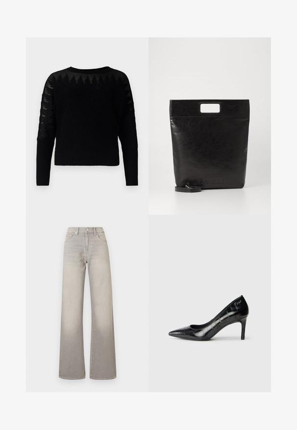 Sort strikkegenser med ribbestruktur og gjennomsiktige mønstrede detaljer på ermene. Rund hals og lange ermer, med en kort design.; Grå vide ben jeans med en falmet finish, knaplukning, fem-lomme design og stikninger langs sømmen.; Sorte spisse høye hæler med en blank finish og et subtilt teksturmønster. Har en moderat hæl og åpen halsdesign.; Svart lær tote veske med firkantet håndtak, med teksturert overflate og preget logo. Inkluderer en avtagbar stropp.