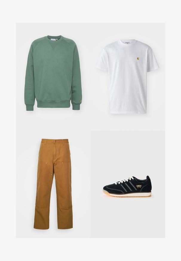 Felpa verde con scollatura a girocollo, maniche raglan e polsini a coste. Realizzata in tessuto morbido con una piccola etichetta con logo sull'orlo.; T-shirt bianco in cotone con maniche corte, con colletto girocollo, caratterizzato da un piccolo logo dorato sulla parte sinistra del petto. Tessuto morbido e vestibilità regolare.; Pantaloni utility in cotone marrone con design a gamba dritta, dotati di tasche anteriori e dettagli in metallo per una maggiore durata.; Sneaker in suede nero con lacci bianchi, tre strisce bianche sul lato, dettagli testurizzati e suola in gomma con una leggera sfumatura arancione.