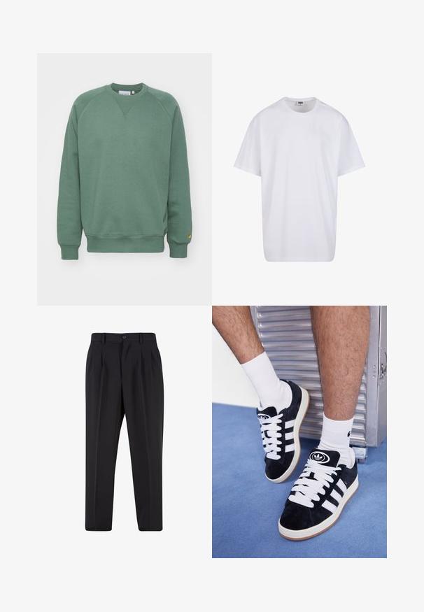 Zielona bluza z okrągłym dekoltem, rękawami raglanowymi i ściągaczami. Wykonana z miękkiego materiału z małą naszywką z logo na dole.; Biała bawełniana koszulka z krótkimi rękawami, okrągłym dekoltem, luźnym krojem i bez widocznych logo lub wzorów. Gładka tekstura i minimalistyczny design.; Czarne spodnie z plisowanym przodem, wykonane z gładkiego materiału. Zapięcie na guzik i szlufki na pasek; prosty krój nogawek.; Czarne zamszowe sneakersy z białymi sznurówkami i trzema białymi paskami. Posiadają okrągłe czarne logo na języku i gumową podeszwę.