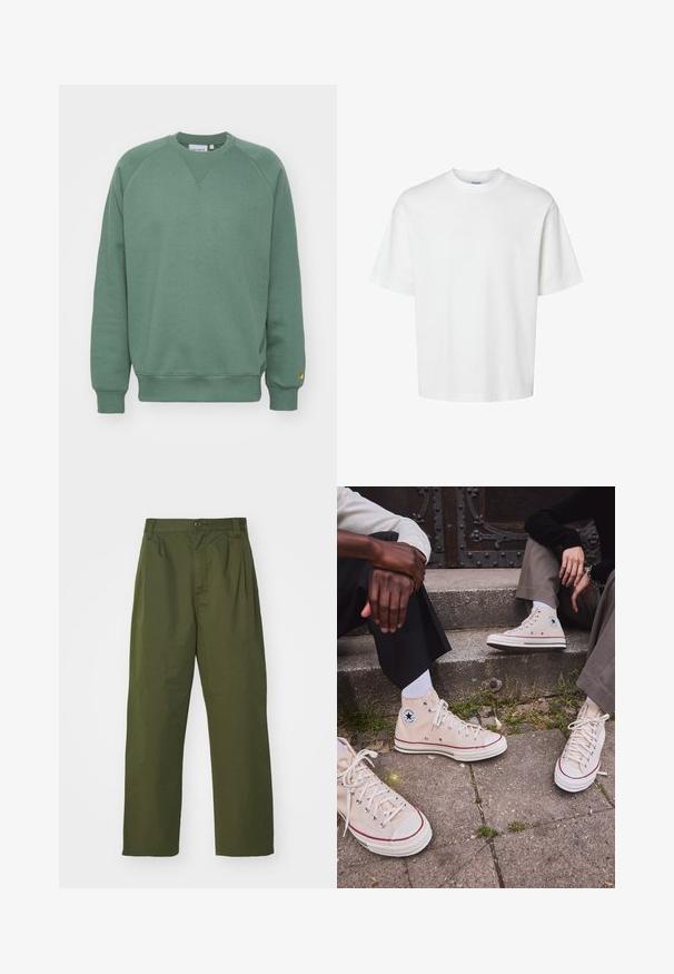 Green sweatshirt with a crew neckline, raglan sleeves, and ribbed cuffs. Made from soft fabric with a small logo patch on the hem.; White cotton t-shirt with short sleeves, crew neckline, and a relaxed fit. Smooth texture with no visible patterns or accents.; Olive green, high-waisted pants with a straight leg design. Made of a lightweight fabric, featuring front pleats and a button closure.; High-top beige canvas sneakers with red stripe, white rubber sole, and metal eyelets, featuring iconic star logo on the side.