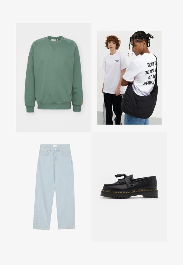 Zelená mikina s kulatým výstřihem, raglánovými rukávy a žebrovanými manžetami. Vyrobena z měkké látky s malou nášivkou na lemu.; Světle modré široké džíny z denimu, s mid-rise pasem, pěti kapsami a knoflíkovým zapínáním s úzkým kovovým akcentem.; Černé kožené mokasíny s třásněmi, se silnou černou podrážkou a žlutým prošíváním podél okraje. Texturovaný povrch.; Černá prošívaná taška na rameno s měkkou texturou, kterou má na sobě osoba v bílém grafickém tričku s výrazným textem. Neformální oblečení s džíny.