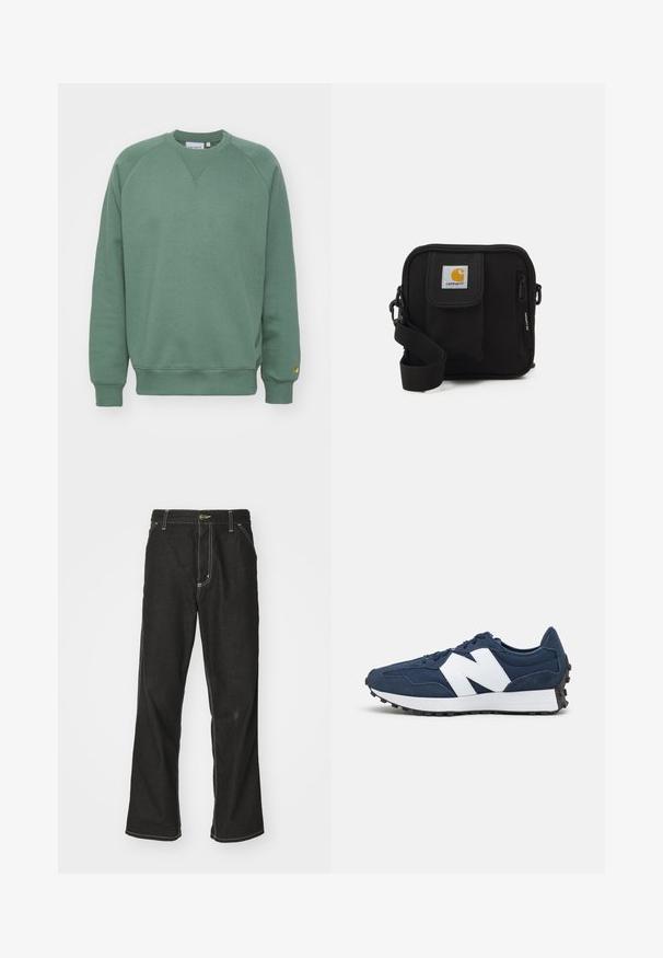 Zelena dukserica s okruglim izrezom, raglan rukavima i rebrastim manžetama. Izrađena od mekog materijala s malim logom na rubu.; Crne traperice s opuštenim krojem, s kontrastnim bijelim šavovima, zakovicom za zatvaranje i ravnim nogavicama.; Mornarskoplavi atletski tenisice s bijelim logotipom, gornjište od antilopa i mrežaste tkanine, s podstavljenim izrezom, ravnim vezicama i teksturiranom crnom gumenom potplatom.; Crna torba za preko ramena s glavnim odjeljkom na patentni zatvarač, prednjim džepom, podešivim remenom i vidljivom oznakom na preklopu.