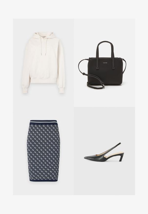 Kreminė liemenė su raišteliu, raukinėtais rankogaliais ir iškilnia logo priekyje. Pagaminta iš švelnaus audinio su laisvu kirpimu.; Mėlynos ir baltos spalvų megzta pieštuko sijonas su deimanto geometriniu raštu. Turi dryžuotą elastingą liemenėlę ir lygų paviršių.; Juodas smailus slingback batelis su žemu kulnu, pagamintas iš lygaus odos paviršiaus ir su išpjovomis šone, užtikrinančiomis oro pralaidumą.; Juoda rankinė su dviem trumpais rankenėlėmis ir nuimamu petį. Lygaus odos tipo medžiaga su užtrauktuku ir logotipo detale.