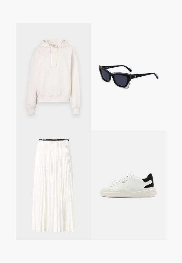 Felpa crema con cappuccio, dotata di cordino, polsini a costine e logo in rilievo sul davanti. Realizzata in morbido tessuto con una vestibilità comoda.; Gonna bianca plissettata con elastico nero in vita che presenta il logo "LACOSTE". Design di lunghezza media con texture morbida.; Sneaker bianchi in pelle con suola spessa bianca, accento in suede nero sul tallone e logo impresso sul lato. Design con lacci e sei fori per i lacci.; Occhiali da sole oversize neri dalla forma geometrica, con lenti scure e un dettaglio grigio a contrasto sulla montatura. Logo sul braccio.