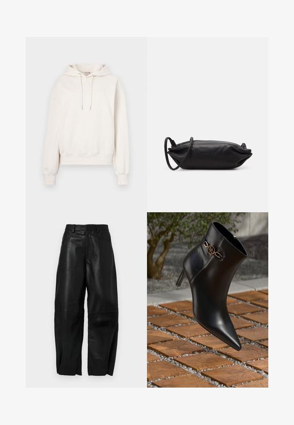 Hanorac crem cu cordon, manșete ribbate și un logo embosat în față. Fabricat dintr-un material moale, cu o croială lejeră.; Pantaloni din piele neagră, cu o croială lejeră, având un design drept, buzunare frontale și detalii de cusătură vizibile.; Botine negre din piele, cu vârf ascuțit și tocul mic. Prezintă un accent din lanț auriu la gleznă. Încadrate de o suprafață texturată din piatră.; Geantă de mână din piele neagră, cu o formă rectanguală, textură netedă, curea subțire pentru umăr și design minimalist.
