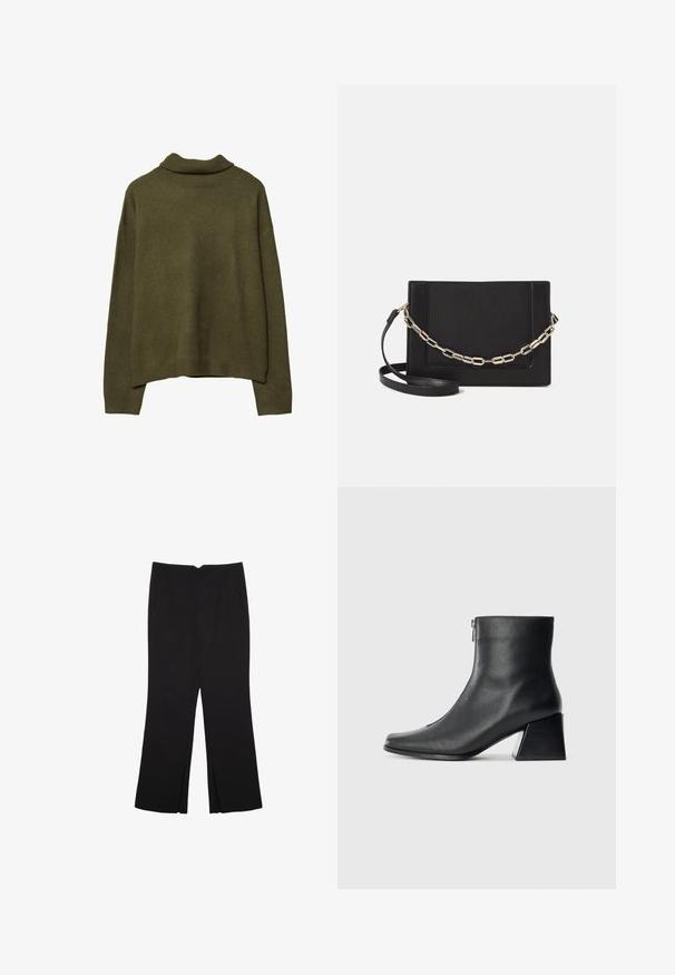 Olivengrüner Pullover mit langen Ärmeln und geripptem Stehkragen, Bündchen und Saum, flach auf einem weißen Hintergrund präsentiert.; Schwarze Hose mit geradem Schnitt, ausgestattet mit Fronttaschen und Seitenschlitzen am Saum. Hergestellt aus weichem, glattem Stoff. Geeignet für verschiedene Anlässe.; Schwarze Lederstiefelette mit quadrater Zehenform, seitlichem Reißverschluss und Blockabsatz vor einem schlichten hellen Hintergrund.; Schwarze Leder-Crossbody-Tasche mit glatter Textur, rechteckiger Form und metallic-kettendetail auf der Vorderseite. Verstellbarer Gurt inklusive.