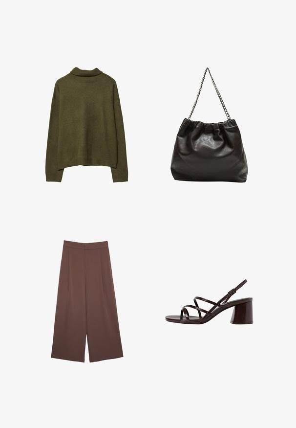 Oliivinvihreä pitkähihainen neulepusero, jossa on ribbaus muotovalekäytävissä, hihansuissa ja helman kohdalla, asetettuna tasaisesti valkoista taustaa vasten.; Ruskeat leveälahkeiset housut, joissa on sileä pinta, korkea vyötärö ja etupleat. Kangas on kevyttä ja laskeutuu väljänä.; Ruske sandaale sa visokom potpeticom s debljim petama, s glatkom, sjajnom površinom i višestrukim križnim trakama na gornjem dijelu.; Ruskea nahkainen laukku, jossa on kerätty yläosa ja ketjuhihna. Tasainen pinta, jossa kiiltävä viimeistely ja hienovaraiset sauman yksityiskohdat sivuilla.