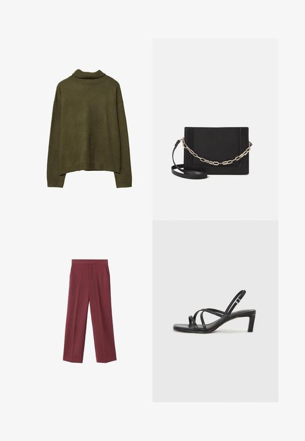 Oliwkowy sweter z długim rękawem i małym golfem, z prążkowanymi mankietami i dołem, wyeksponowany płasko na białym tle.; Bordowe spodnie typu wide-leg o gładkiej teksturze, z bocznymi kieszeniami i wysokim stanem. Skrojone z wyraźnym zagięciem z przodu.; Czarne sandały na obcasie z prostokątnym noskiem i niskim słupkowym obcasem. Posiadają wiele cienkich pasków i regulowany pasek na kostkę. Wykonane z gładkiej skóry.; Czarna skórzana torebka typu crossbody z gładką teksturą, prostokątnym kształtem oraz metalowym detalem w postaci łańcuszka z przodu. W zestawie regulowany pasek.