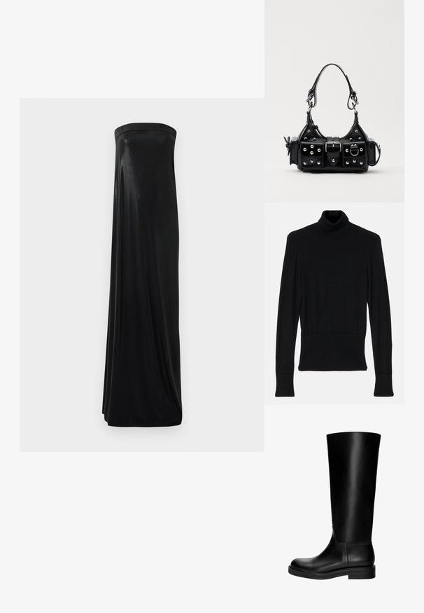 AERON TENDER LONG SLEEVED - Pulover - black; Črna brez naramnic maksi obleka iz gladkega, sijočega materiala. Ima prilegajoč vrhnji del in padajočo silhueto, ki sega do tal brez okrasnih detajlov.; Črne usnjene škornje do kolen z gladko teksturo, zaobljenim prstom, preprostim dizajnom in nizko blok peto. Ni vidne opreme ali vzorcev.; Črna usnjena torbica s ukrivljenim dizajnom, ki vsebuje srebrne žebljičke, zaponko in dve stranski žepki. Nastavljiv trak za različne možnosti nošenja.