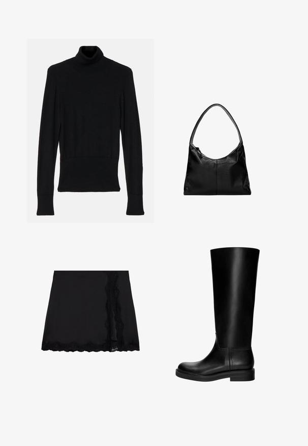AERON - Sweter; Even&Odd - Spódnica mini; Czarne skórzane kozaki do kolan o gładkiej fakturze, zaokrąglonym nosku, stonowanym designie i niskim obcasie w kształcie bloku. Brak widocznych dodatków czy wzorów.; Czarna skórzana torba na ramię o gładkiej fakturze, zaokrąglonym wierzchu i pojedynczym pasku. Posiada zamek błyskawiczny i minimalistyczny design.