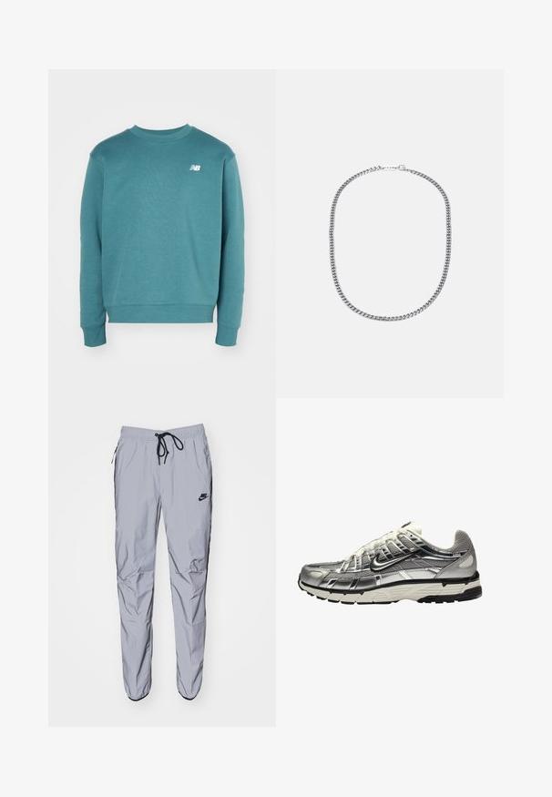 Sweatshirt teal com decote redondo e mangas longas. Apresenta um pequeno logo branco no peito e punhos e bainha canelados. Material macio em mistura de algodão.; Calças de treino cinzentas claras feitas de um tecido leve e suave, com detalhes em preto. Possuem uma cintura elástica com cordão e bolsos laterais.; Sapatilha atlética prateada e preta com parte superior em malha e sintético, design volumoso e acabamento texturizado. Apresenta um colarinho acolchoado e sola de borracha.; Colar de corrente de metal prateado com grossos elos entrelaçados, textura polida e um pequeno fecho com detalhe de marca.