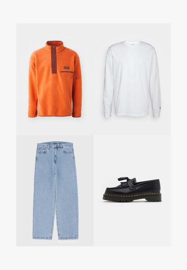 Pullover in pile arancione con colletto alto, patta con bottoni marroni e tasca con zip sul petto. Tessuto morbido con vestibilità relaxed.; T-shirt bianca a maniche lunghe realizzata in cotone. Design con collo rotondo, polsini a costine e un piccolo logo sulla manica sinistra. Texture liscia.; Jeans in denim azzurro chiaro con design a gamba dritta, caratterizzati da una vita media, cinque tasche e chiusura con bottone e zip.; Mocassino in pelle nera con un'accento a frange, dotato di una suola nera spessa e cuciture gialle lungo il bordo. Finitura testurizzata.