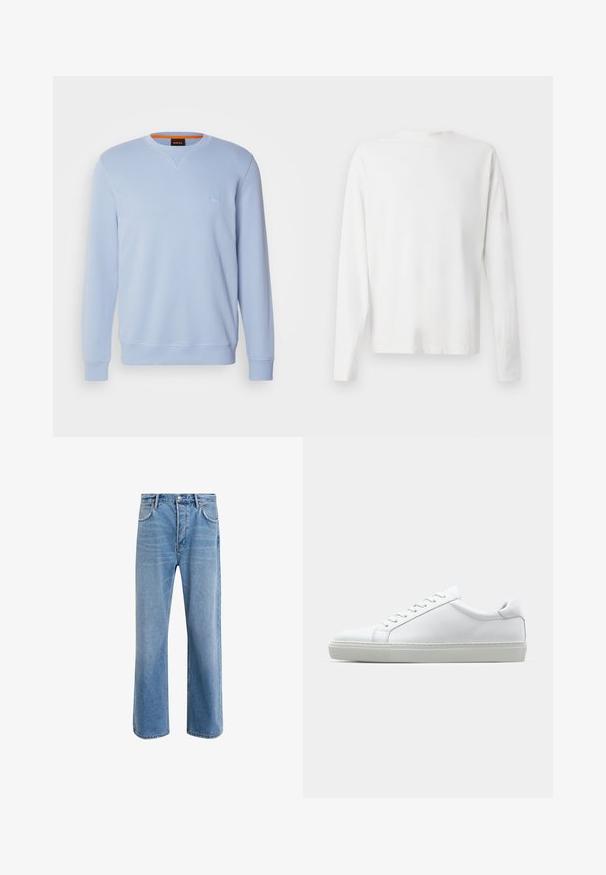 Lys blå sweatshirt laget av bomullsblanding, med rund hals, lange ermer og et lite preget logo på brystet.; Langermet hvit bomullsskjorte med rund hals, sidespalter nederst og en jevn tekstur, vist fra baksiden.; Lys blå denimjeans med rett ben-design, fem lommer, knappeåpning, minimal falming og kontrasterende sømdetaljer.; Hvit sneakers med en glatt skinnoverdel og lav profil. Har en rund tå, seks snøring hull, og en teksturert gummisåle.