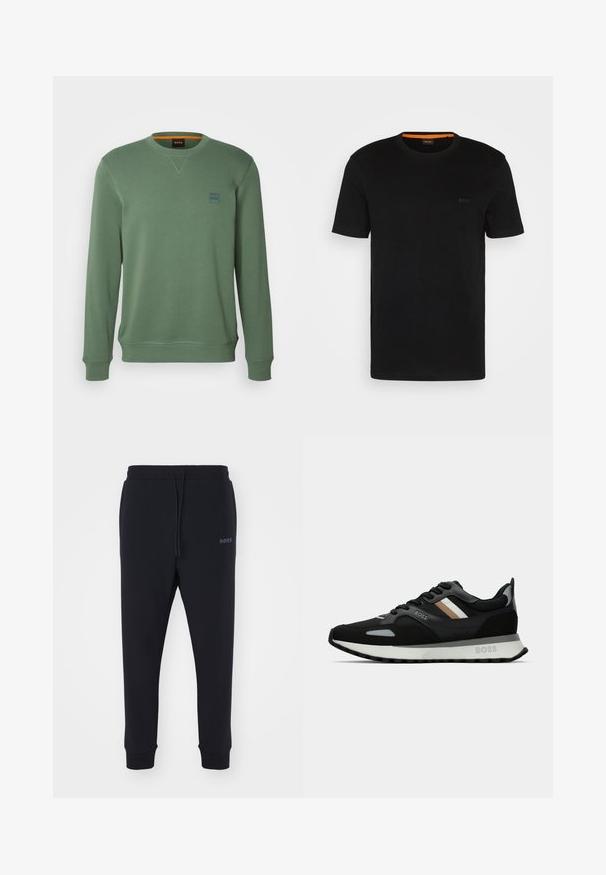 BOSS WESTART - Camisola - open green; T-shirt preta de manga curta feita de um tecido macio, com um decote redondo e um logo discreto na frente. A parte interior do colarinho tem um detalhe laranja.; Calças de fato pretas feitas de material macio, com uma cintura elástica, cordão e pernas ajustadas. Apresenta um pequeno logotipo de lado.; Shoe de corrida preto com uma superfície texturizada, detalhes cinza claro e três riscas horizontais em castanho. Apresenta uma sola branca acolchoada.