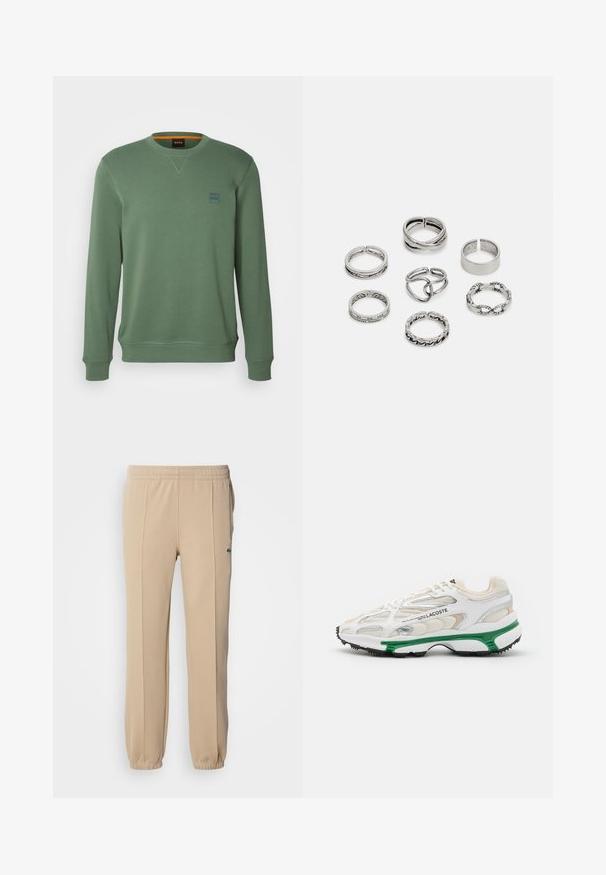 BOSS WESTART - Felpa - open green; Lacoste Pantaloni sportivi - viennese; Sneaker bianco con accenti verdi e suola in gomma nera. Presenta pannelli in rete e sintetici, con una finitura testurizzata e cuciture visibili.; Set di sette anelli in argento con diversi design, tra cui motivi attorcigliati, collegati e incisi. Diverse forme e larghezze.